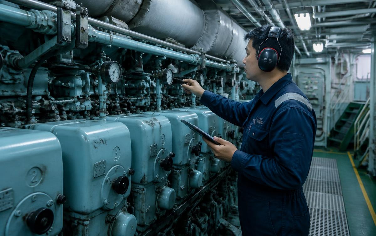 Marine engineer checking a gauge on a main engine in a ship's engine room while logging the reading on a tablet