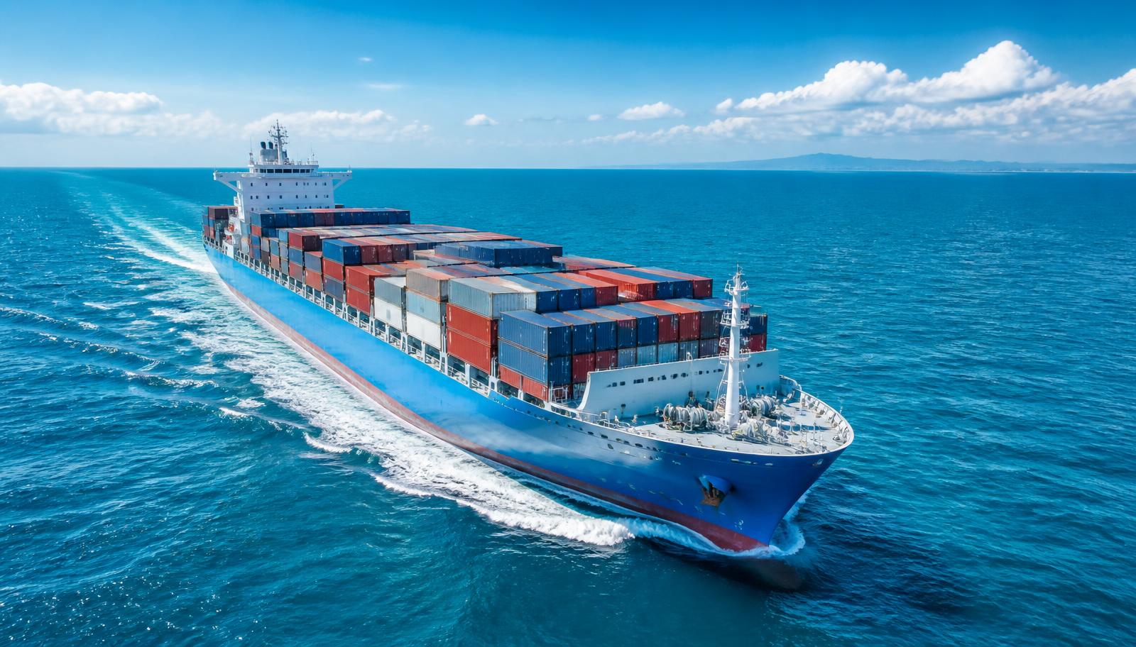 Container ship at sea, representing fleet operations run with ship management software